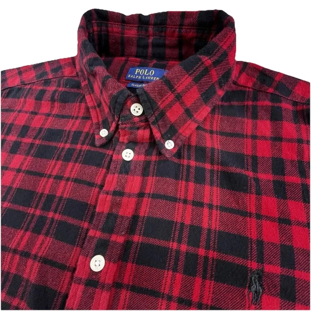Polo Ralph Lauren Flannel Shirt Men’s XL Red Black Buffalo Plaid Designer Preppy